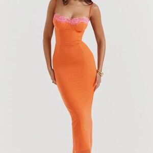 House of CB Aiza Flame Orange Lace Corset Maxi Dress NWT